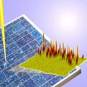 UCB - Artist's impression of an intense beam of synchrotron radiation (from the upper left) striking a solar cell, imaging the iron impurity.