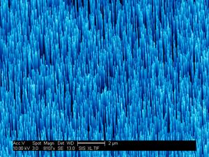 Zinc oxide nanoscale cylinders could be the basis for an inexpensive new kind of light emitting diode. (Credit: UCSD)