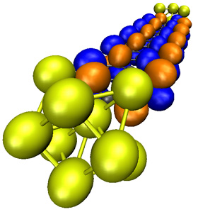 A representation of conduction channels on a graphene nanoribbon interfaced with gold contacts. Researchers believe graphenes extremely efficient conductive properties can be exploited for use in nanoelectronics.

Photo Credit: Rensselaer/Philip Shemella