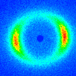 Small Angle Neutron Scattering pattern from a flowing self-assembled surfactant system: The pattern indicates the molecular assembly and how the assembled structure aligns with the flow direction. The results are being used to engineer better surfactant systems for health care applications.