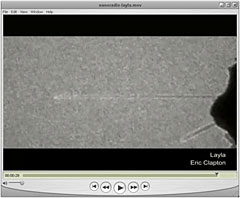 Nanotube radio on video

The nanotube radio seen under a high-resolution transmission electron microscope, which allows researchers to observe the radio in action as it tunes in Derek & The Dominos playing Eric Clapton's "Layla." When not tuned in, the nanotube does not vibrate. As the researchers tune it to the proper frequency, however, the nanotube vibates at radio frequencies, which blurs its image. The nanotube is about 700 nanometers long and 10 nanometers in diameter  one ten-thousandth the width of a human hair. (Zettl Research Group/LBNL & UC Berkeley)

View movie
