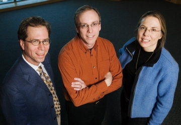 A new catalyst-free, self-healing material system developed by Jeffrey Moore, the Murchison-Mallory Professor of Chemistry at Illinois, is flanked by Scott White, a professor of aerospace engineering, and Nancy Sottos, a professor of materials science and engineering, offers a far less expensive and far more practical way to repair composite materials used in structural applications ranging from airplane fuselages to wind-farm propeller blades.