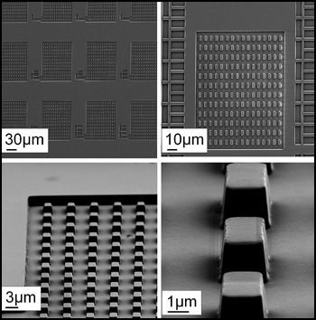 Researchers in Rensselaers Department of Physics and Center for Integrated Electronics have developed a new inexpensive, quick-drying polymer that could lead to dramatic cost savings and efficiency gains in semiconductor manufacturing and computer chip packaging. In this scanning electron microscope image of PES in a UV-imprint lithography application, the well-defined pattern indicates the materials potential for use in next-generation chip making techniques.