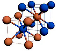 "Body-centered-cubic" unit cells of the 3-D nanoparticle crystals. One type of nanoparticle occupies each corner of the cube and a second type of nanoparticle is located centrally inside. These unit cells, measuring tens of nanometers, form a repeating lattice that extends more than a micron (1,000 nanometers) in three dimensions. 