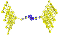 The atomic structure of a gold nanowire containing 5 gold atoms (depicted by yellow spheres), with an embedded oxygen molecule (depicted by red spheres), stretched between two gold tip electrodes (gold leads that connect to the electrodes are not shown). Excess electronic charge on the incorporated oxygen atoms is depicted by blue clouds.