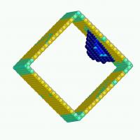 Atomic configuration of nucleation (blue atom group) in the surface layer of a square copper nanowire (yellow and green atoms) under uniaxial stress. Nucleation occurs at a partial dislocation in the surface layer. Colors refer to the breaking of local inversion symmetry.

Credit: Physical Review Letters and Ju Li, Department of Materials Science in the School of Engineering and Applied Science at Penn.