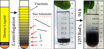 In a schematic of NIST's length separation technique for carbon nanotubes (l.), the nanotubes start at the bottom of a dense fluid. When spun in a centrifuge, the nanotubes begin to migrate through the fluid driven by their buoyancy, but the longer ones move faster, spreading them out by length. Photos (r.) shows a typical sample at the start and after 94 hours of spinning at 1257 radians per second (roughly 12,000 RPM).

Credit: NIST