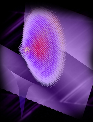 An international team has identified a new hybrid atom that could be used to develop quantum computers. This data visualization shows an electron density map of the material. The funnel- or vortex-shaped figure in the lower left is an arsenic atom, and the saucer-shaped image in the center is a map of an electron binding to various atoms (each dot represents one location). The yellow dots in the upper left-center are the electron in the quantum state. (Purdue University image/David Ebert)