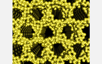 After etching away the carbon material left from the use of intermediary polymers to organize the metal nanoparticles, the platinum structure features large (0.01 micrometers) hexagonal pores. The illustration depicts the completed porous platinum structure. This nanostructured platinum is the product of a radically innovative method for shaping metals developed by Cornell researchers. These porous metal structures have the capability to transform the development of catalysts for fuels cells and materials for microchip fabrication.

Credit: Courtesy of Scott Warren & Uli Wiesner, Cornell University