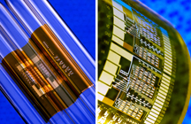 These are two photos of flexible circuits created using carbon nanotubes in research at Purdue University and the University of Illinois at Urbana-Champaign. The researchers have overcome a major obstacle in producing transistors from networks of carbon nanotubes, a technology that could make it possible to print circuits on plastic sheets for applications including flexible displays and an electronic skin to cover an entire aircraft to monitor crack formation. (University of Illinois at Urbana-Champaign)