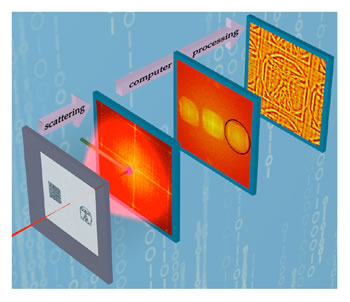 A coherent x-ray beam illuminates both the sample and a uniformly redundant array (URA) placed next to it. The CCD detector (whose center is shielded from the direct beam) collects diffracted x-rays from both sample and URA. Processing the resulting interference patterns subsequently yields a hologram.