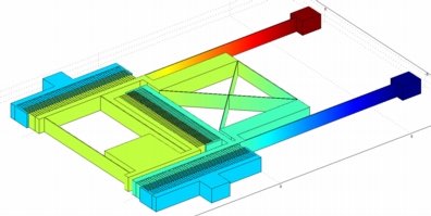 This illustration depicts a tiny device called a monolithic comb drive, which might be used as a high-precision "nanopositioner" for such uses as biological sensors, computer hard drives and other possible applications. The device was created by Jason Vaughn Clark, an assistant professor of electrical and computer engineering and mechanical engineering at Purdue University. (Birck Nanotechnology Center, Purdue University)

