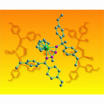 Figure 1: Pushing back the boundaries of chemistry. This molecular structure shows a zirconium atom (green) sitting in a ring with four other carbon atoms (purple) in the new cycloallene compound. In the background, the chemical reaction shows the interconversion between alkyne and allene.