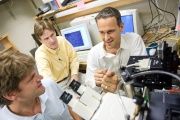 Wake Forest University physics professors (from left to right) Martin Guthold, Keith Bonin and Jed Macasko work in Guthold's laboratory on development of Lab-on-Bead processing, a novel drug-screening technique with the potential to be 10,000 times faster than current methods.