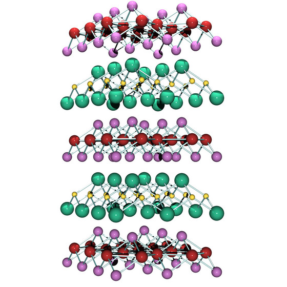 Figure 1: Structure of the iron-based superconductor SmFeAsO1-xFx: Fe (yellow), As (green), Sm (purple), O (red). The excess fluorine (F) substitutes for the oxygen sites. 