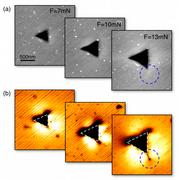 Figure: Infrared visualization of nanocrack evolution. a) Topography of triangular indents (depressions) at the surface of a SiC crystal. Indentation was performed by pressing a sharp diamond tip into the crystal surface. With increasing force F, the depression becomes larger and deeper. b) The infrared near-field images recorded at about 10 m wavelength clearly show the regions around the indent where the crystal lattice is compressed (bright) or stretched (dark). Because of the exceptional high spatial resolution, the images reveal the onset and formation of nanoscale cracks (marked by dashed blue circlse) when the indentation force is increased.
Copyright: Andreas Huber, Max Planck Institute of Biochemistry, Martinsried