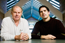 Photo by L. Brian Stauffer
Jean-Pierre Leburton, left, a professor of electrical and computer engineering, and physics graduate student Marcelo Kuroda collaborated on theory that explains the absence of the thermoelectric effect in metallic carbon nanotubes. 