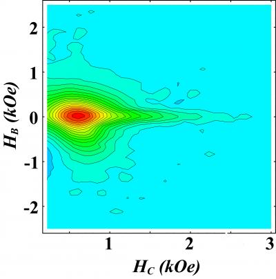 This magnetic fingerprint, or "FORC distribution," of 10-nanometer-thick cobalt nanodisks shows that all the magnetic moments are pointing in the same direction.

Credit: Kai Liu/UC Davis