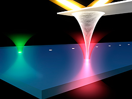 In an atomic force microscope (AFM), force is measured by a laser beam (yellow in this artist's rendition) bouncing off the diving-board like cantilever. To make an ultrastable AFM, researchers at JILA added two other lasers (green and red) to measure the three dimensional position of both the tip and a reference mark in the sample. These measurements allow researchers to remove drift and vibration in the instrument's measurements caused by environmental factors.

 G.Kuebler/JILA/CU