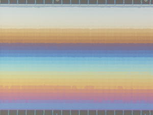 Overhead view of the NIST-Cornell 3-D nanofluidic device showing the different depth levels within the chamber as horizontal bands. The deepest, at the bottom, measures about 620 nanometers (slightly smaller than an average bacterium), while the shallowest, at the top, is about 60 nanometers (1,000 times smaller than the width of a human hair). The colors of the bands result from different mixing of white light components (interference) at each depth.