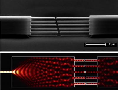 This image shows the electronmicroscopic image of array (top) and simulation of lightwaves through array (bottom).

Credit: Li, Pernice,Tang / Yale