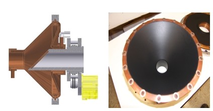 Carbon nanotubes (black coating in photo, right) form the inner lining of NISTs new laser power meter, enabling the copper instrument to withstand the intensity of military lasers while precisely measuring their power. Laser light is distributed evenly inside the water-cooled cavity by a mirror (diagonal component at center of graphic).

Credit: C. Cromer/NIST