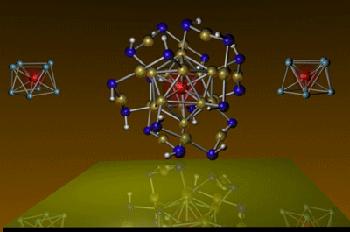 VCs8 and MnAu24(SH)18 magnetic superatoms that mimic a manganese atom. The MnAu24 cluster is surrounded by sulfur and hydrogen atoms to protect it against outside attack, thus making it valuable for use in biomedical applications. Image courtesy of Ulises Reveles, Ph.D, VCU.