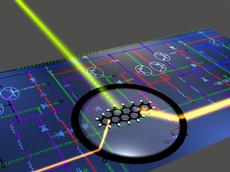 An artist's view of a photonic circuit with molecular building blocks. A single-molecule optical transistor is depitcted using a standard symbol for an electronic transistor. (Image: Robert Lettow) 