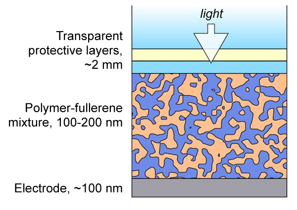 In this cross-section of an organic photovoltaic cell, light passes through the upper layers (from top down, glass, indium tin dioxide, and thermoplastic) and generates a photocurrent in the polymer-fullerene layer. Channels formed by polymers (tan) and fullerenes (dark blue) allow electric current to flow into the electrode at bottom. NIST research has revealed new information about how the channels form, potentially improving cell performance.

Credit: NIST
