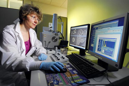 Georgia Tech researcher Eugenia Kharlampieva studies the properties of composite materials containing silk and metallic nanoparticles. (Georgia Tech Photo: Gary Meek)