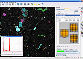 X-ray analysis and chemical classification of filtered particles from manufacturing cleanliness monitoring in the automotive industry. The major features of the X-ray spectrum indicate that the source of this contamination is derived from a bearing steel.