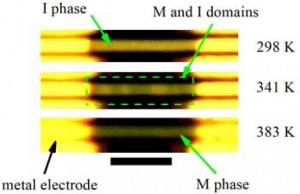 These optical images of a multiple-domain vanadium oxide microwire taken at various temperatures show pure insulating (top) and pure metallic (bottom) phases and co-existing metallic/insulating phases (middle) as a result of strain engineering. (Image from Junqiao Wu)
