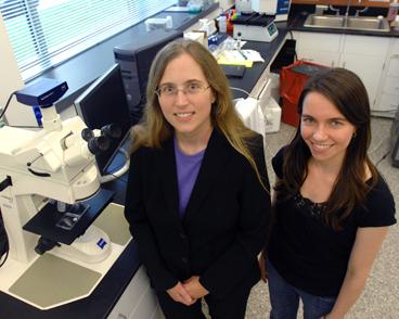 Carol Livermore, associate professor of mechanical engineering, left, stands with graduate student Frances Hill in Livermore's lab. 
Photo - Patrick Gillooly 