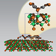 Rafts of catalytic platinum oxide
float above a sea of aluminum
oxide, anchored by bonds
between platinum and aluminum.
