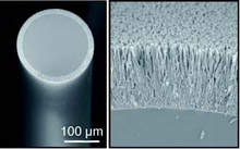 Solar on fiber: An optical fiber (left) is covered in dye-coated zinc-oxide nanowires (closeup, right). Both images were made using a scanning electron microscope. 
Credit: Angewandte Chemie 