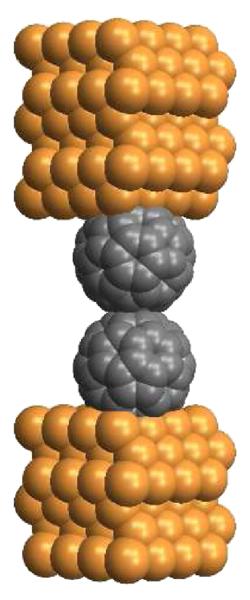 Electron current through two C60-molecules which are contacted with elec-trodes. As they are only one billionth of a meter in diameter, ultra high precision is needed in order to control their distance. 
Copyright: CAU, Source: prl.aps.org