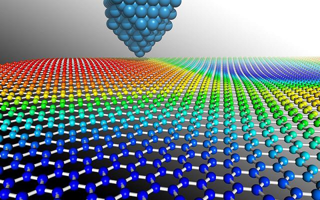  Calvin Davidson, British Carbon Group
This illustration shows the tip of a scanning tunnelling microscope approaching an undulating sheet of perfect graphene. 