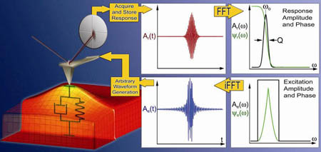 Operational principle of the BE method in SPM.  The excitation signal is digitally synthesized to have a predefined amplitude and phase in the given frequency window.  The cantilever response is detected and Fourier transformed (FFT) at each pixel in an image.  The ratio of the fast FFT of response and excitation signals yields the cantilever response (transfer function).  Fitting the response to the simple harmonic oscillator yields amplitude, resonance frequency, and Q-factor that are plotted to yield 2D images, or used as feedback signals. Reprinted with permission (Nanotechnology 18 (43) (2007)).