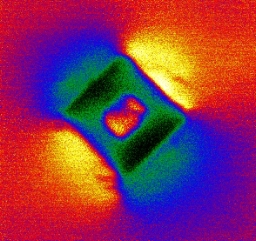 Polarized light microscopy image of a square microparticle in liquid crystal