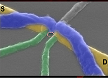 A colour-enhanced Scanning Electron Microscope image of a quantum dot