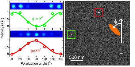 An electron microscope photo from the new paper shows nanorods about 75 nanometers long and 25 nanometers wide on a glass slide at 90-degree angles to each other. An adjacent photothermal image shows them as pixilated smudges.