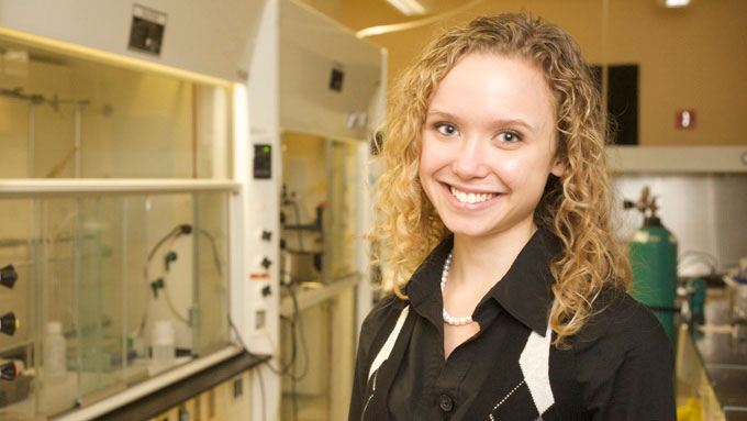 Kelsey Stoerzinger is the seventh Churchill Scholar from Northwestern. For the last two years she has conducted nanoscience research in the lab of professor Teri Odom. Photo by Peter Barreras