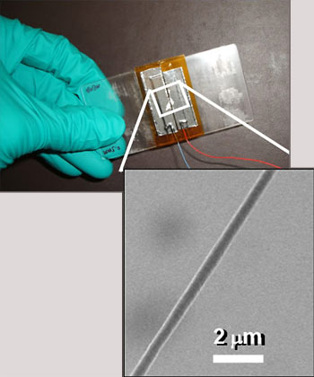 Shown is a fiber nanogenerator on a plastic substrate created by UC Berkeley scientists. The nanofibers can convert energy from mechanical stresses and into electricity, and could one day be used to create clothing that can power small electronics. (Chieh Chang, UC Berkeley)