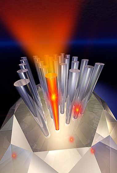 Researchers used a top-down nanofabrication technique to embed color centers into a variety of machined structures. By creating large device arrays rather than just "one-of-a-kind" designs, the realization of quantum networks and systems, which require the integration and manipulation of many devices in parallel, is more likely. Illustration by Jay Penni.