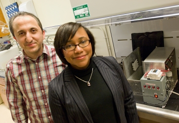 Postdoctoral researcher Avni Argun and professor Paula Hammond in the lab where they developed new technology for making fuel-cell membranes. 
Photo: Patrick Gillooly 