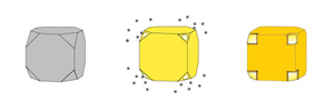 Gold nanocages (right) are hollow boxes made by precipitating gold on silver nanocubes (left). The silver simultaneously erodes from within the cube, entering solution through pores that open in the clipped corners of the cube.