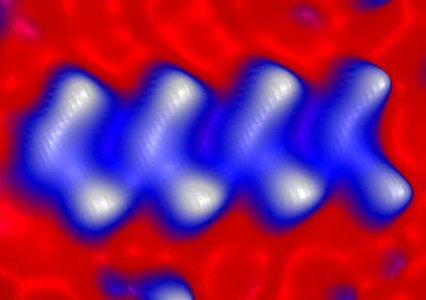 This image shows the smallest superconductor, which is only .87 nanometer wide. (Image courtesy of Saw-Wai Hla and Kendal Clark, Ohio University)