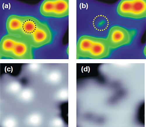 Figure 3 STM images of water molecule before (a) and after (b) dissociation into OH, and before (c) and after (d) dissociation into O.