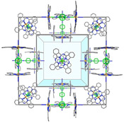 The crystal structure of the nanoporous crystal showing the molecular wall-tie ligands (green) binding between the iron centres