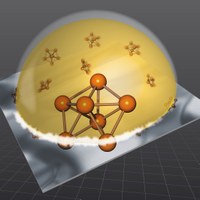 Droplet of a gold-silicon liquid alloy on a silicon (111) surface. Pentagonal clusters formed at the interface exhibit a denser structure compared to solid gold and prevent the liquid from crystallization at temperatures as low as 300 Kelvin below the solidification temperature. Graphics: M.Collignon